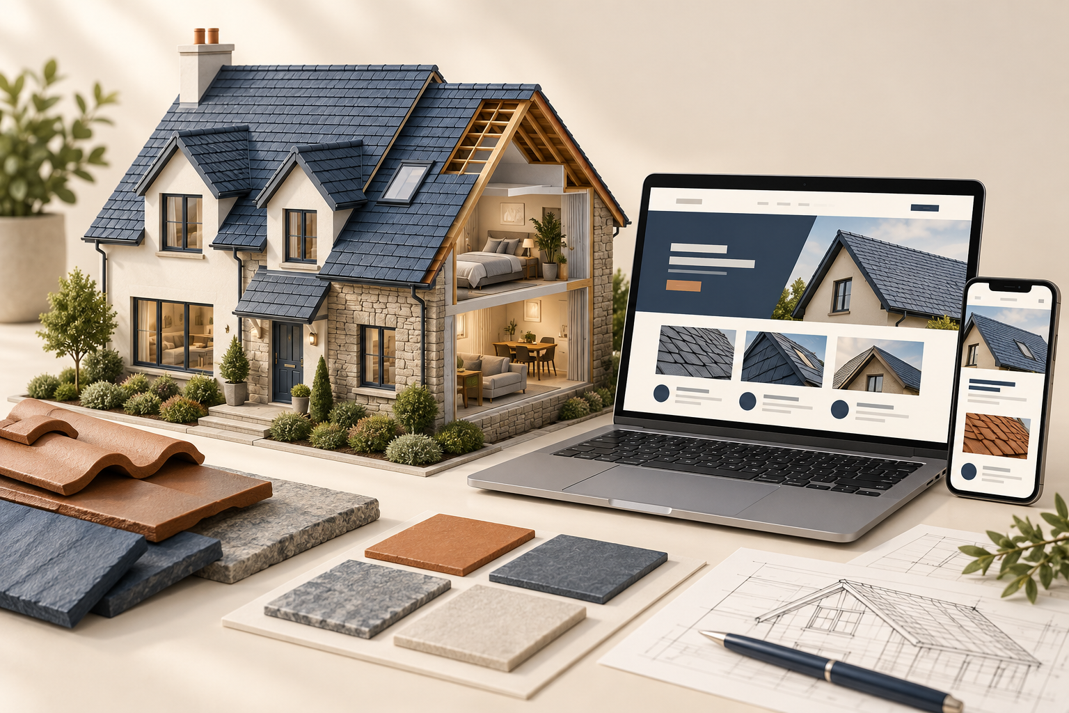 Roofing website concept shown on a laptop and phone beside an architectural house model